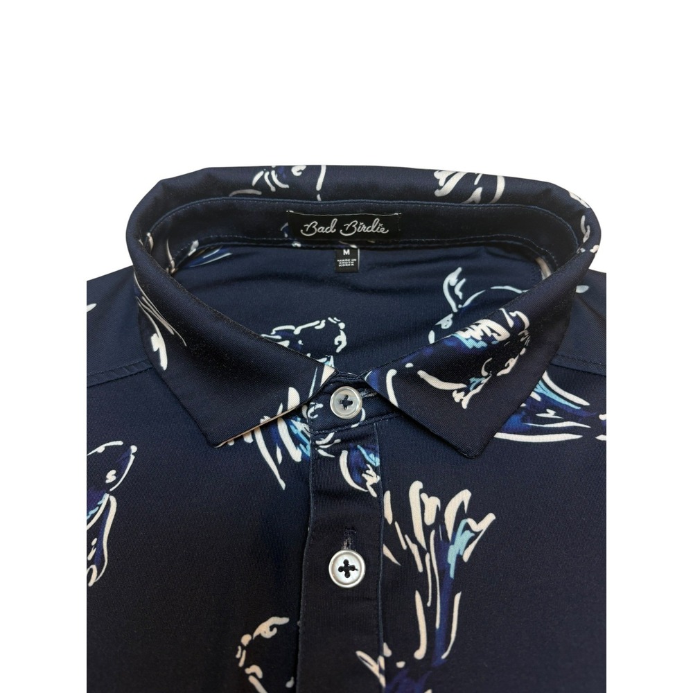 Bad Birdie Polo Shirt Medium Navy Blue Koi Fish Print Performance Golf Mens - Picture 5 of 8